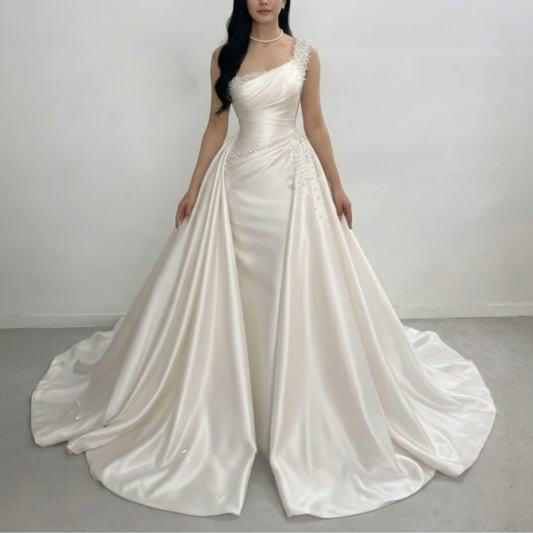 One Shoulder White Satin Pearl Embellish Bridal Gown with Train