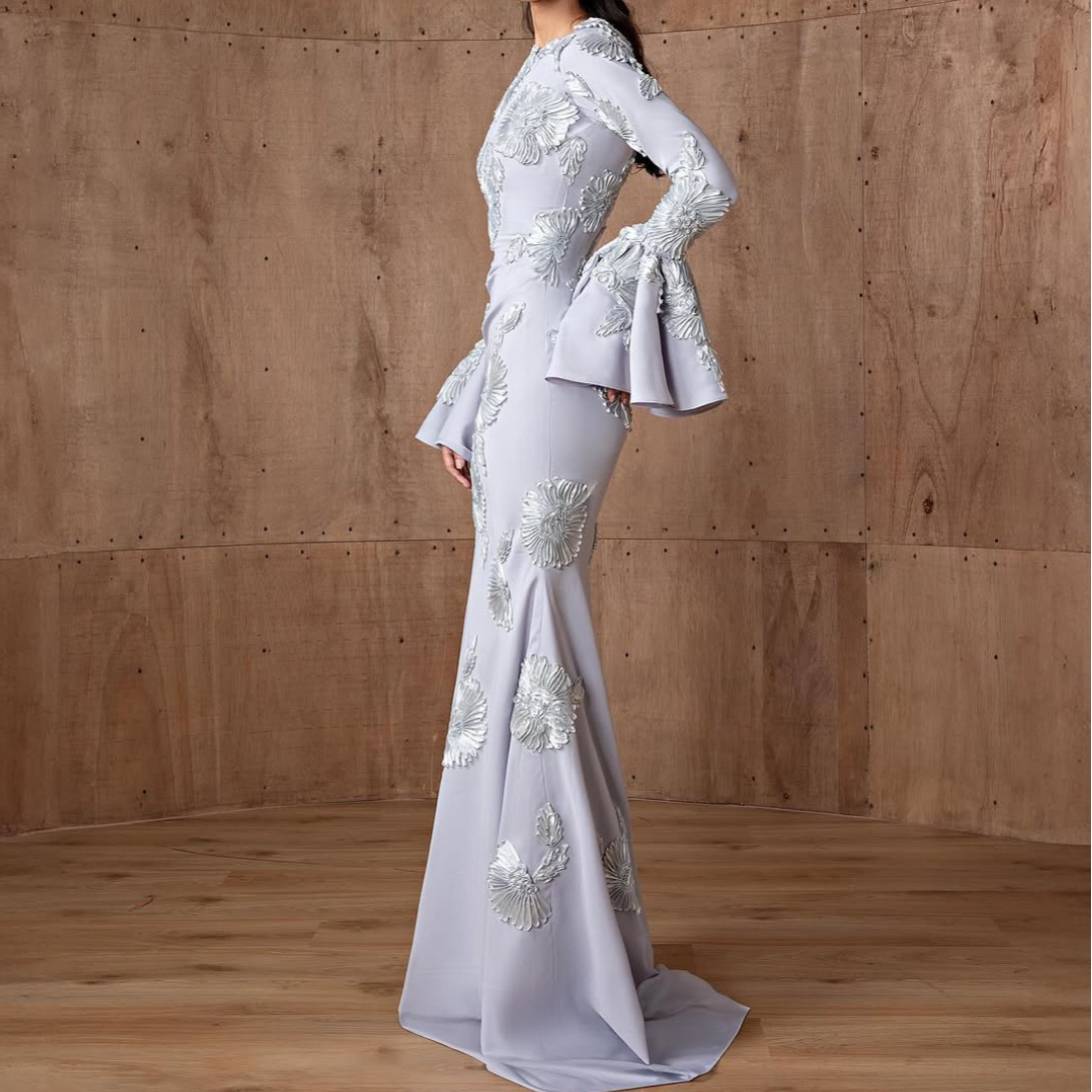 Pale Blue Floral Pattern Modest Flare Sleeves Mermaid Gown, Left