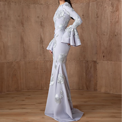 Pale Blue Floral Pattern Modest Flare Sleeves Mermaid Gown, Left