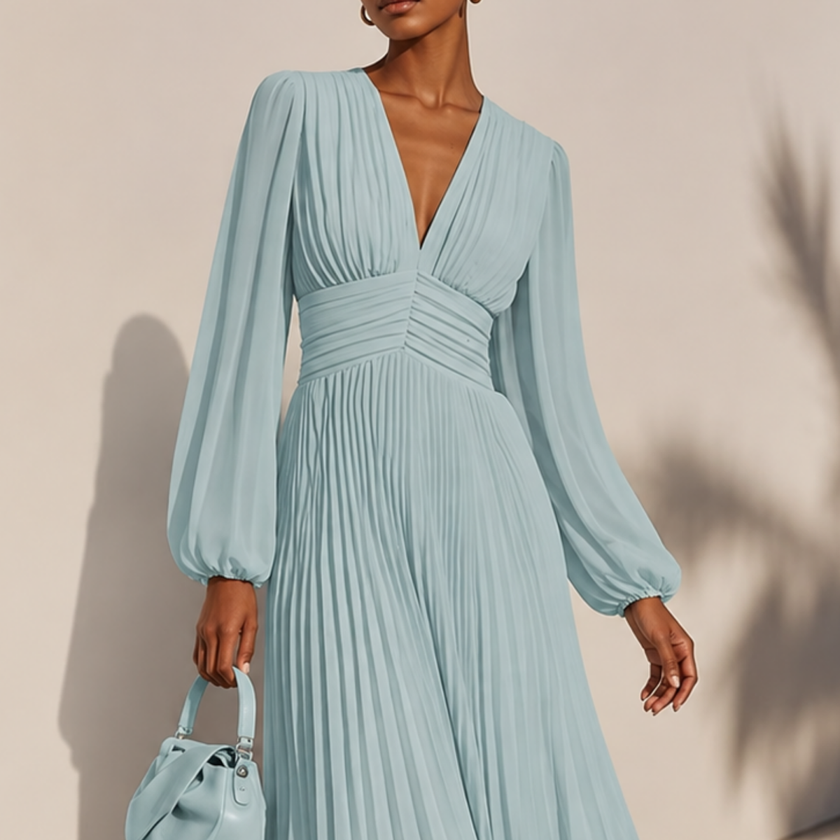 Pale Blue V-Neck Long Sleeves A-Line Midi Dress