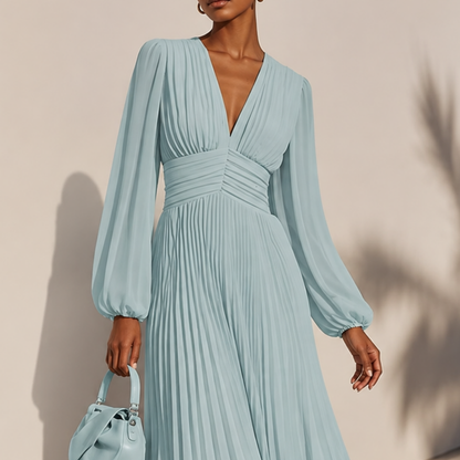 Pale Blue V-Neck Long Sleeves A-Line Midi Dress