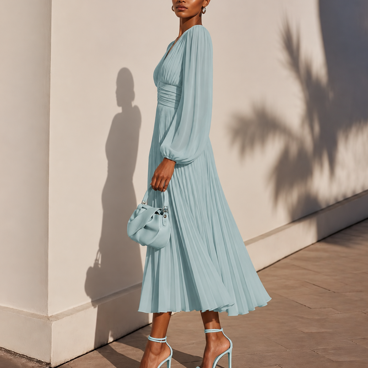 Pale Blue V-Neck Long Sleeves A-Line Midi Dress