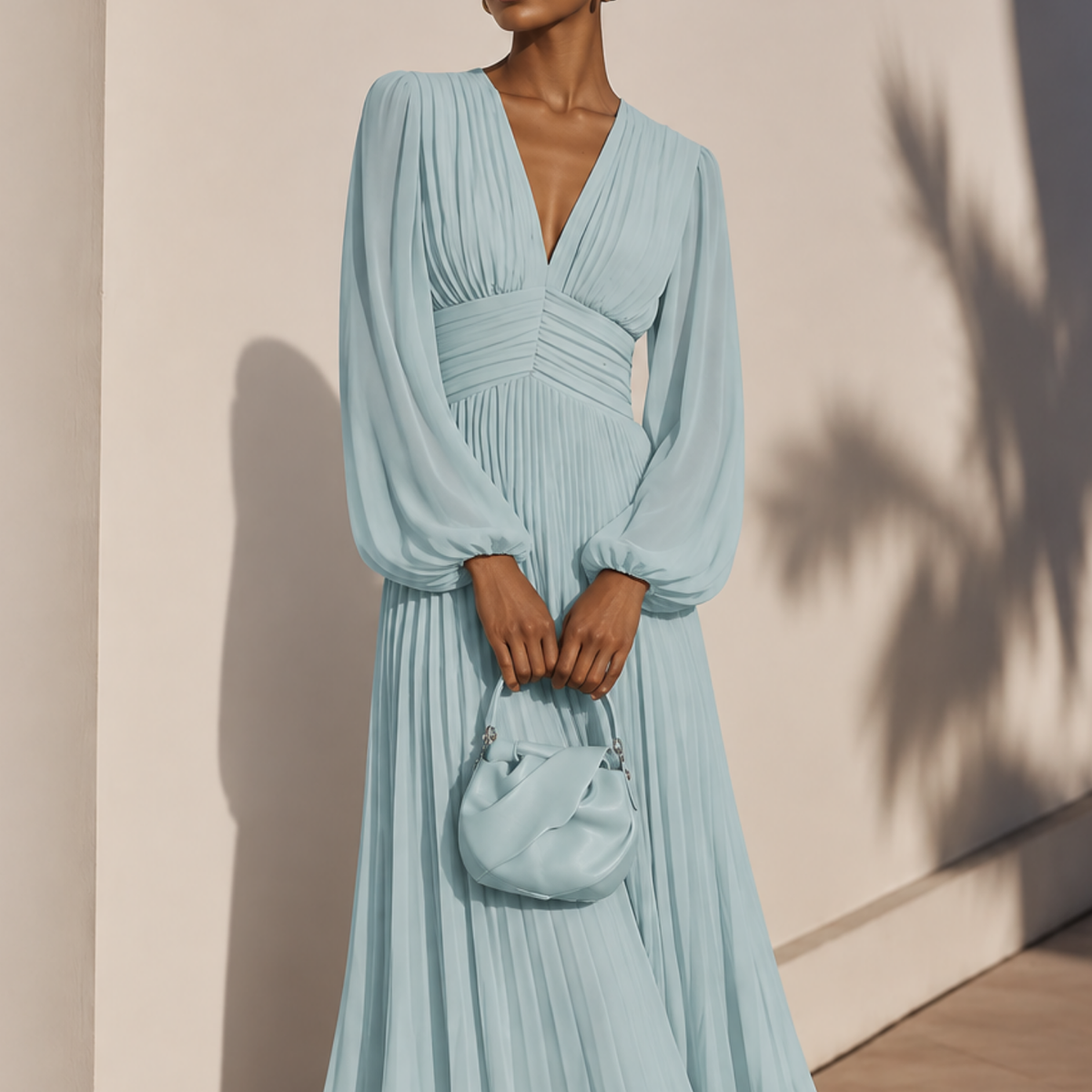 Pale Blue V-Neck Long Sleeves A-Line Midi Dress