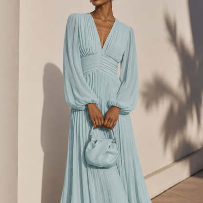 Pale Blue V-Neck Long Sleeves A-Line Midi Dress