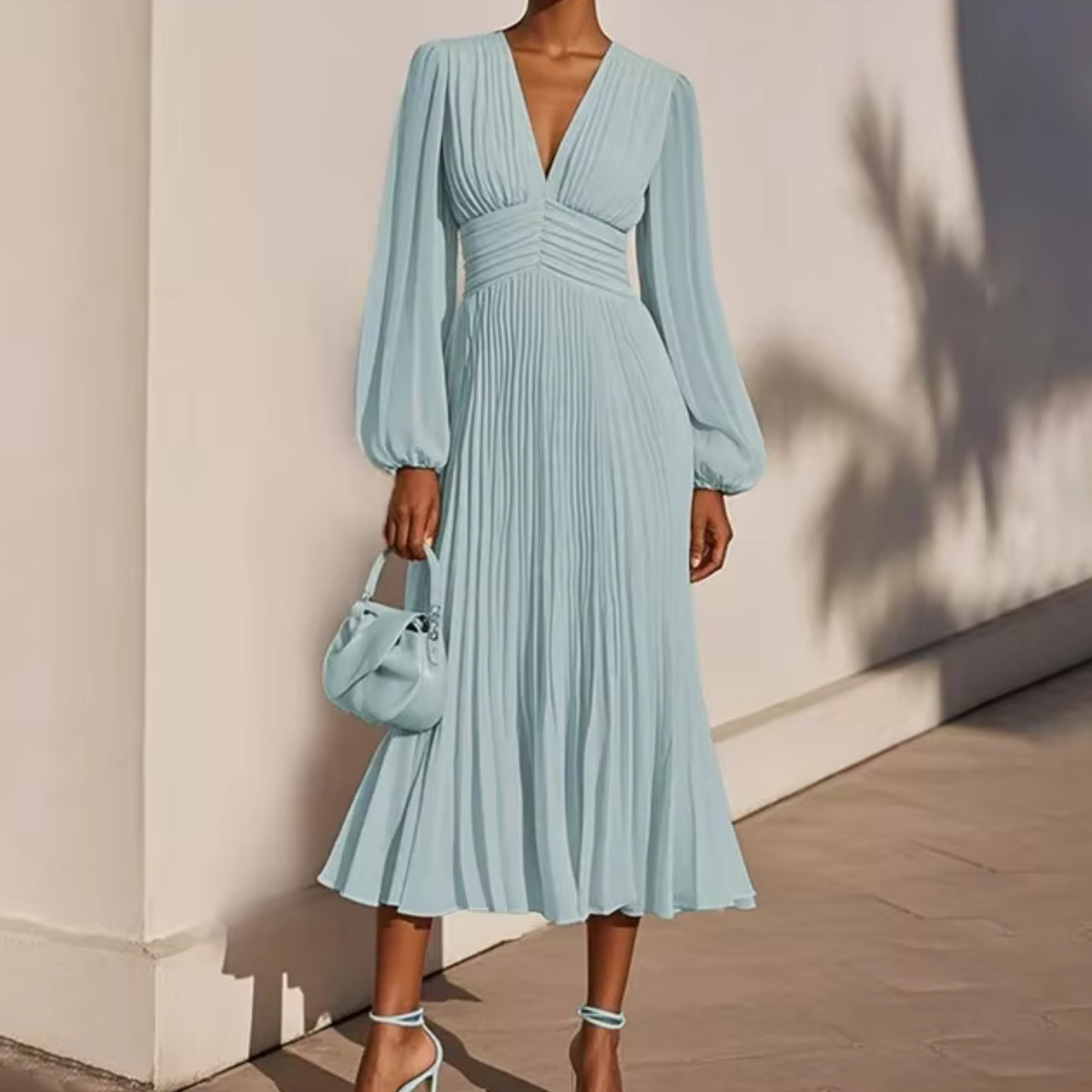 Pale Blue V-Neck Long Sleeves A-Line Midi Dress