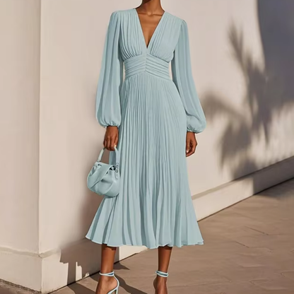 Pale Blue V-Neck Long Sleeves A-Line Midi Dress
