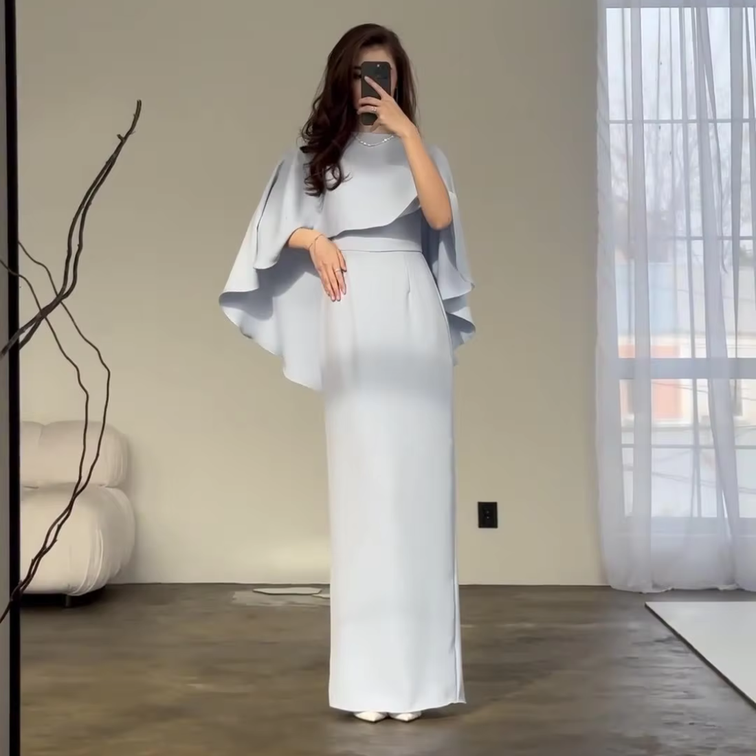Pale Blue Flowy Cape Sleeves Slim Maxi Dress XL