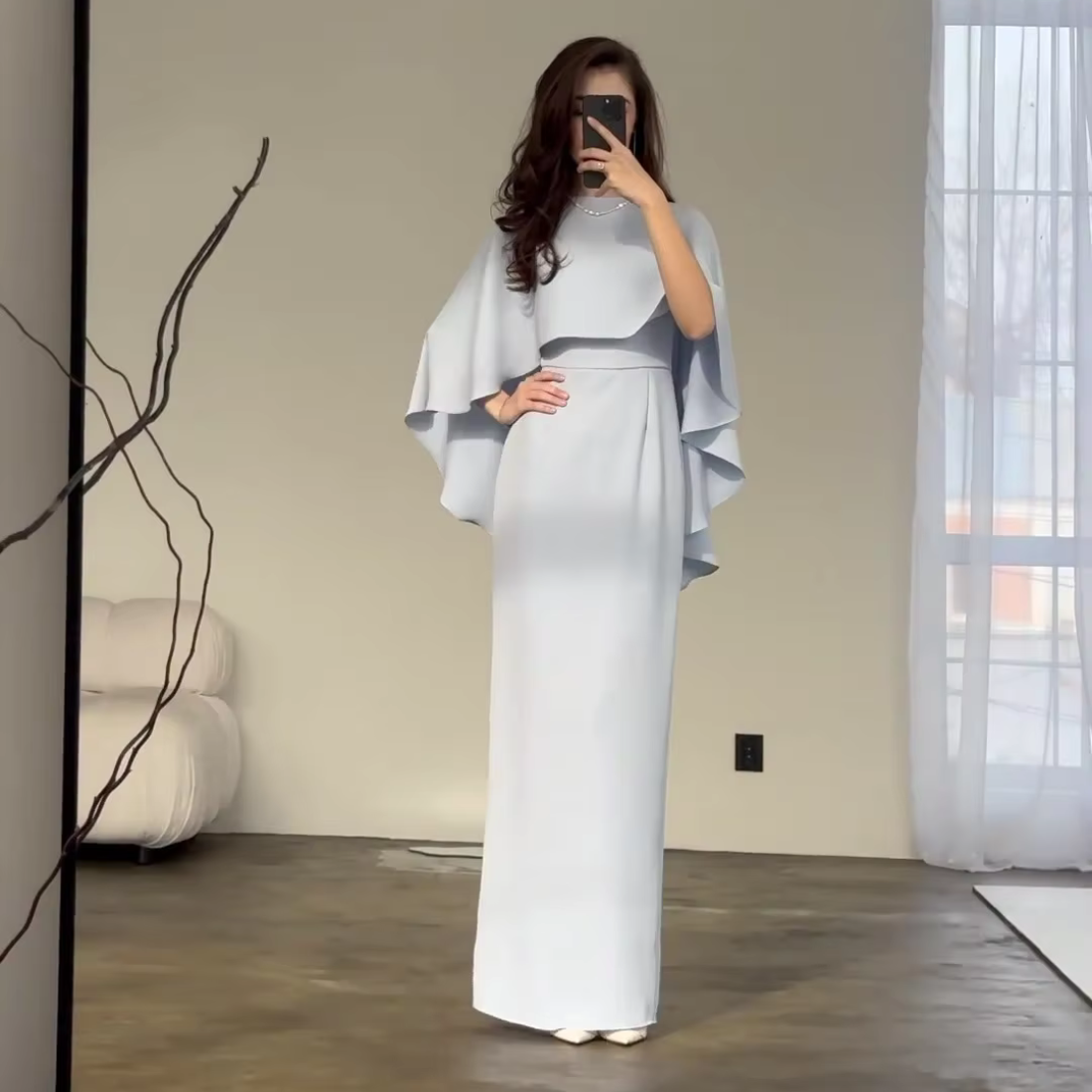 Pale Blue Modest Cape Sleeves Slim Long Dress, Front 2