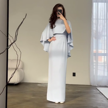 Pale Blue Modest Cape Sleeves Slim Long Dress, Front 2