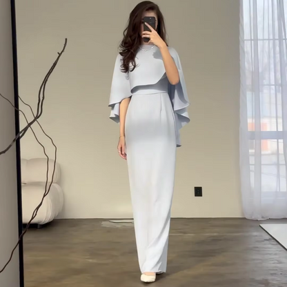 Pale Blue Modest Cape Sleeves Slim Long Dress, Front 3