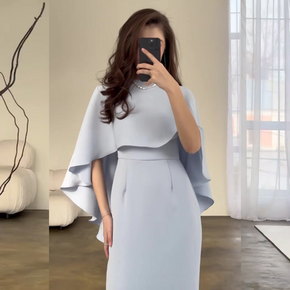 Pale Blue Modest Cape Sleeves Slim Long Dress, Close Up