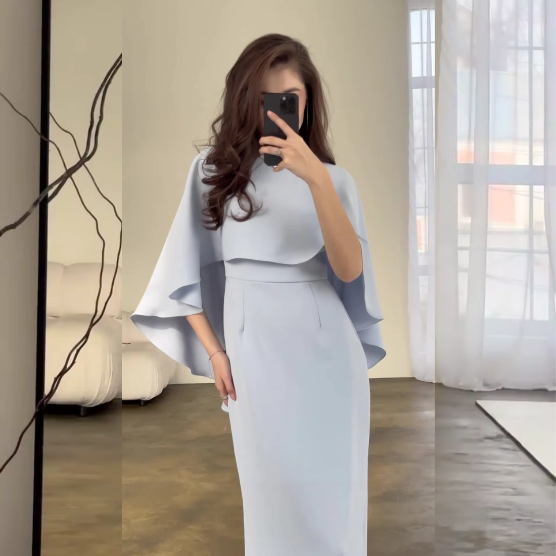 Pale Blue Modest Cape Sleeves Slim Long Dress, Close Up 2