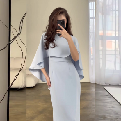 Pale Blue Modest Cape Sleeves Slim Long Dress, Close Up 2