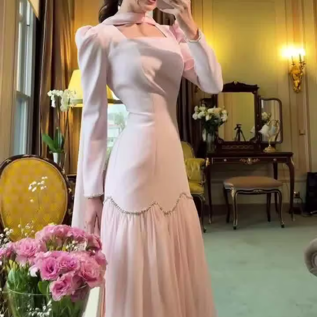 Pink Elegant Modest Square Neck Floor-Length Dress, Close Up