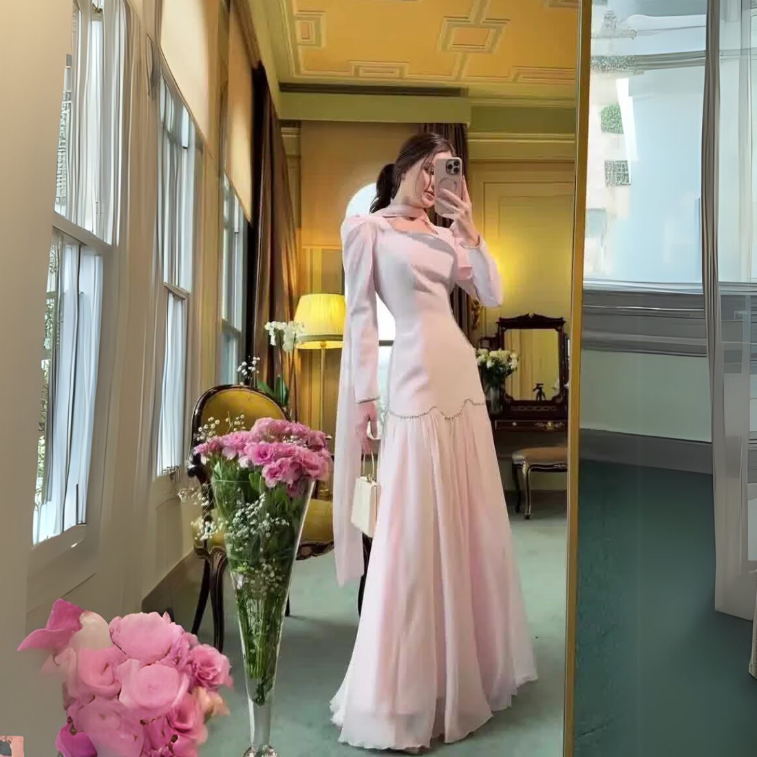 Pink Elegant Modest Square Neck Floor-Length Dress, Right