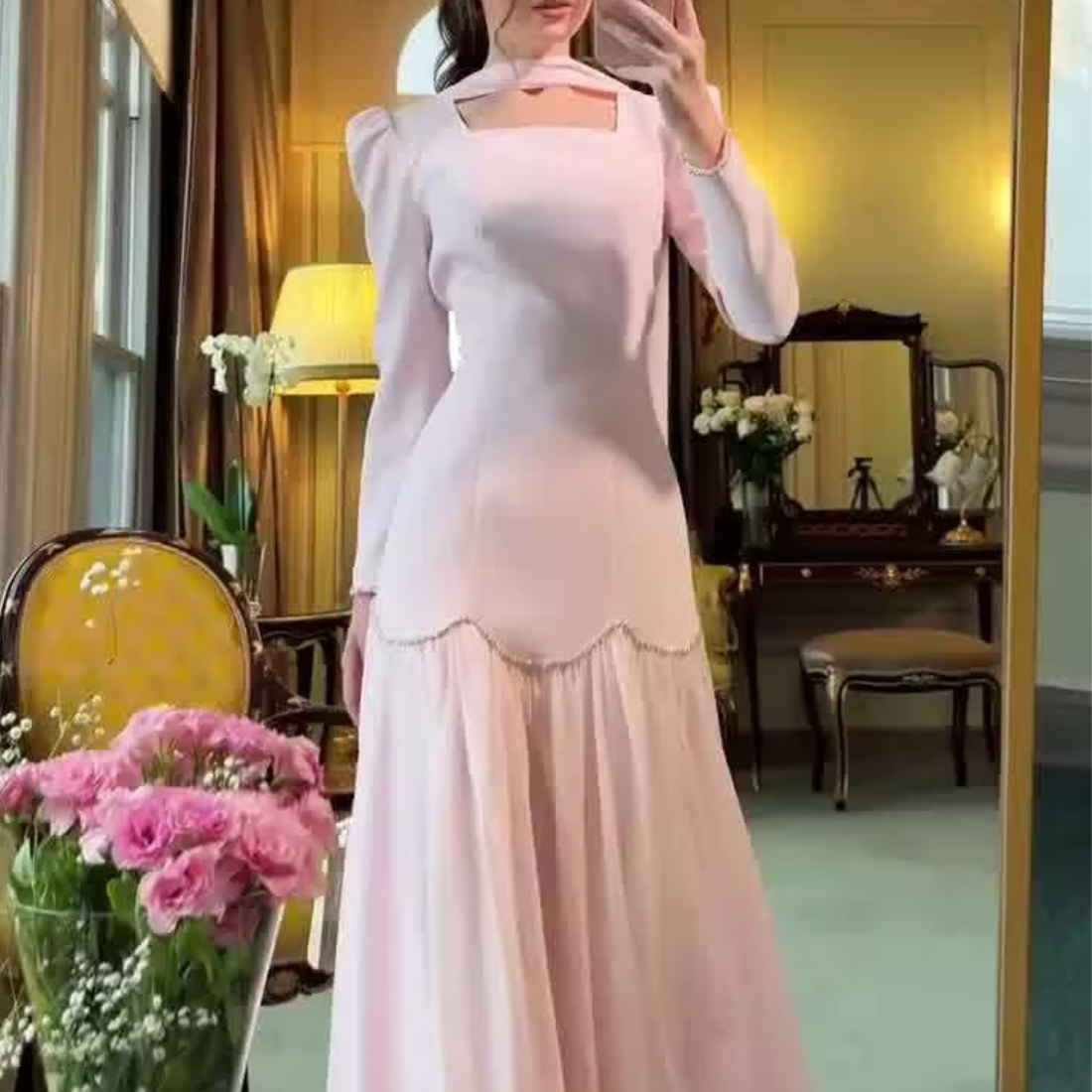 Pink Elegant Modest Square Neck Floor-Length Dress, Close Up 2