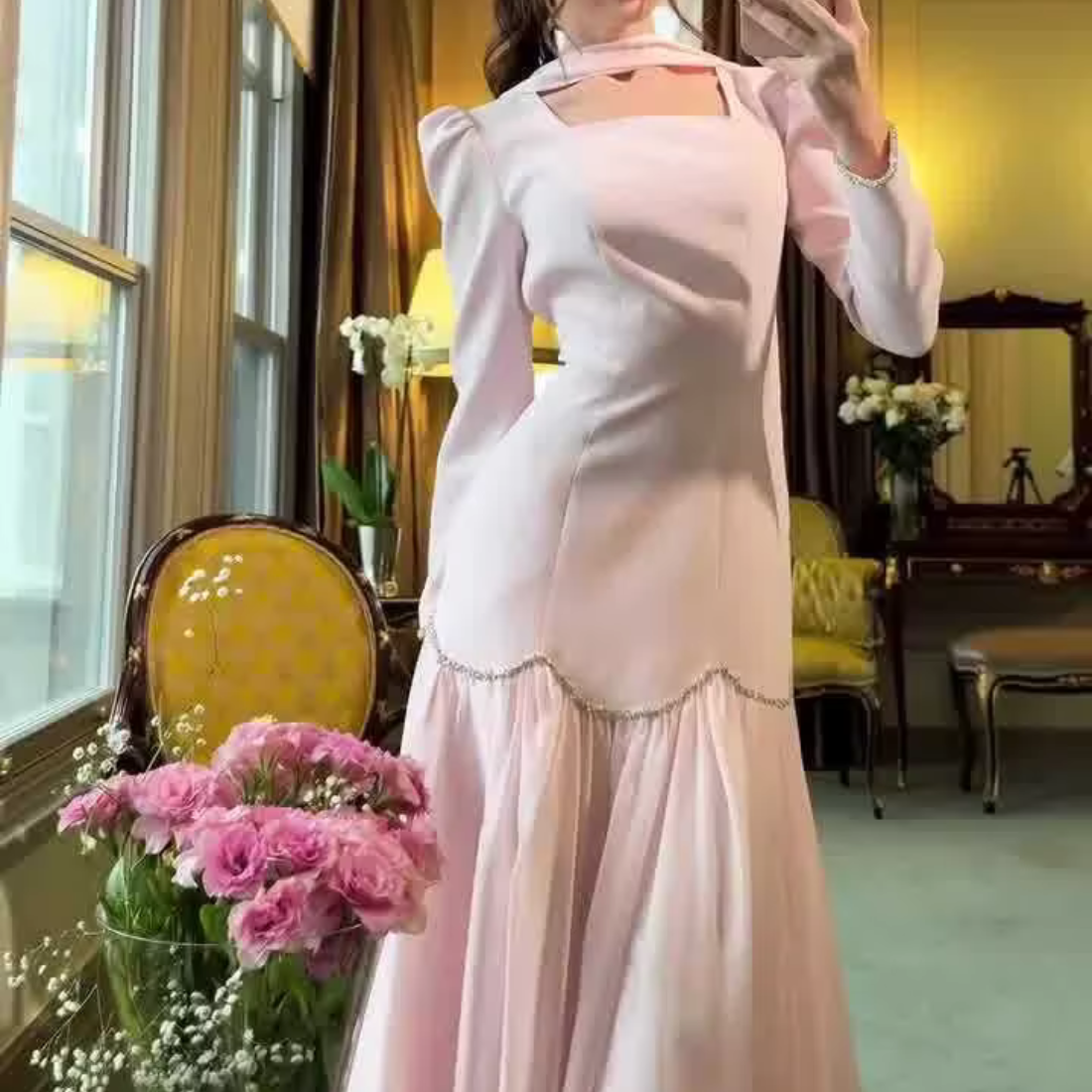 Pink Elegant Modest Square Neck Floor-Length Dress, Left