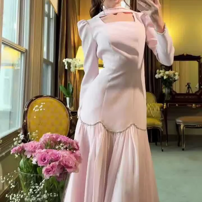 Pink Elegant Modest Square Neck Floor-Length Dress, Left