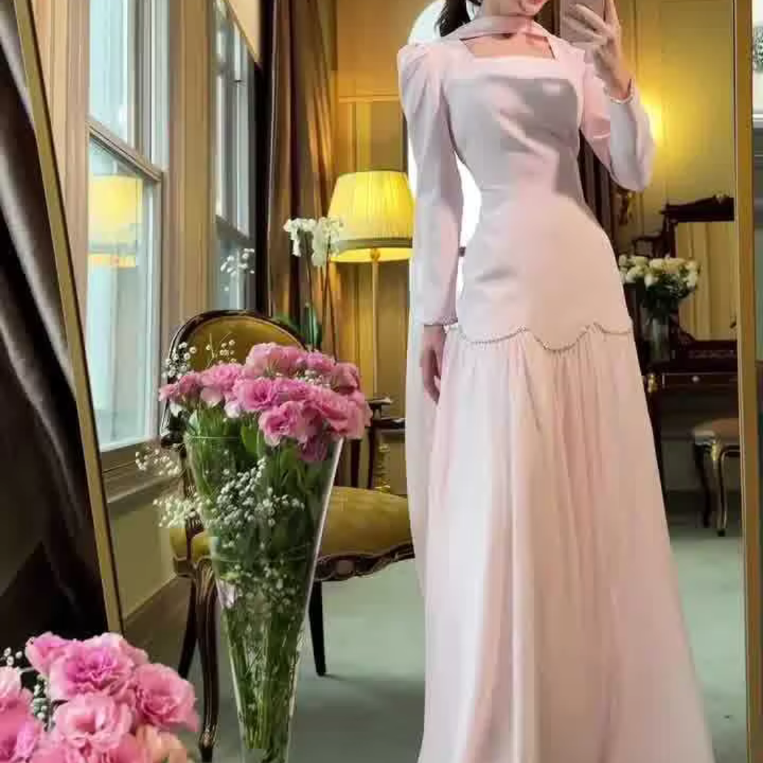 Pink Elegant Modest Square Neck Floor-Length Dress, Full Shot