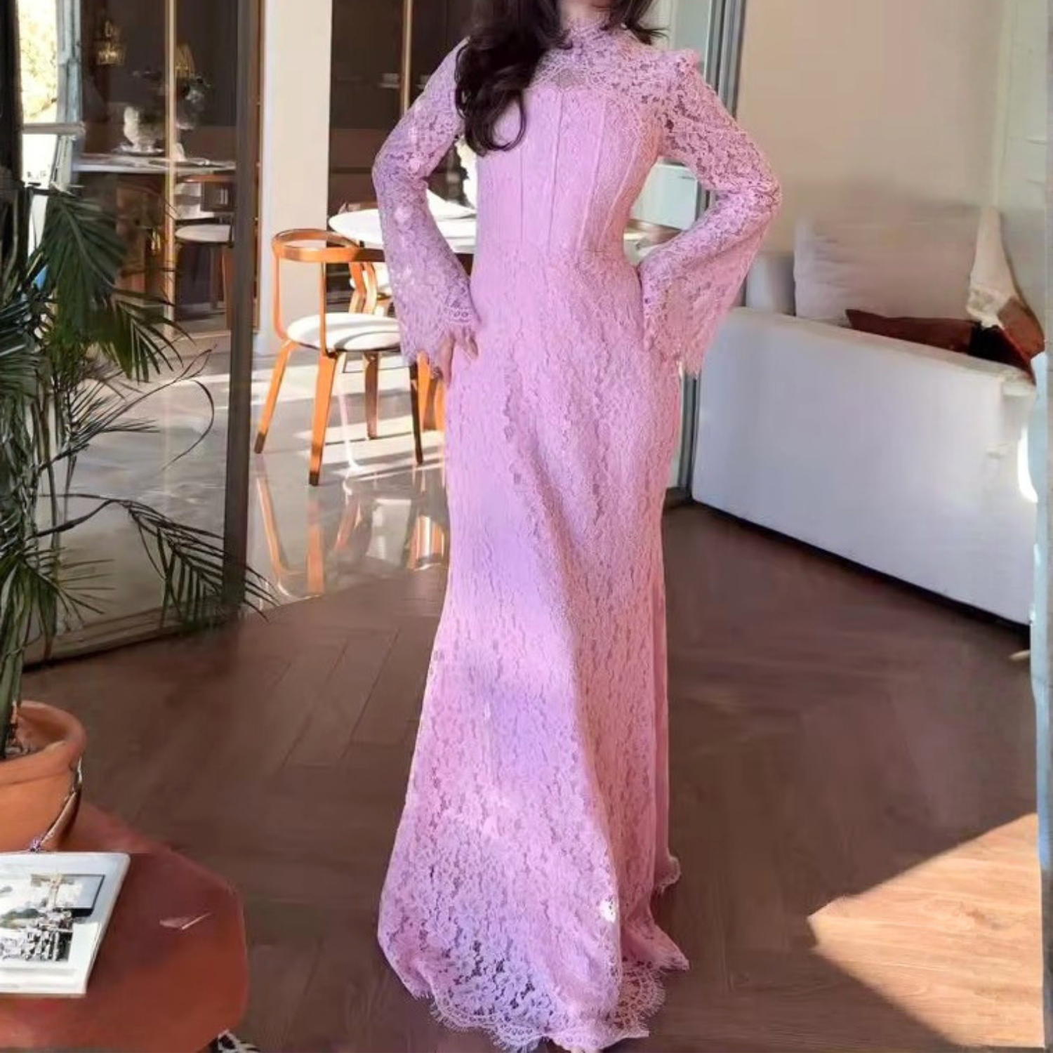 Pink Floral Lace High Neck Long Sleeves Mermaid Maxi Dress