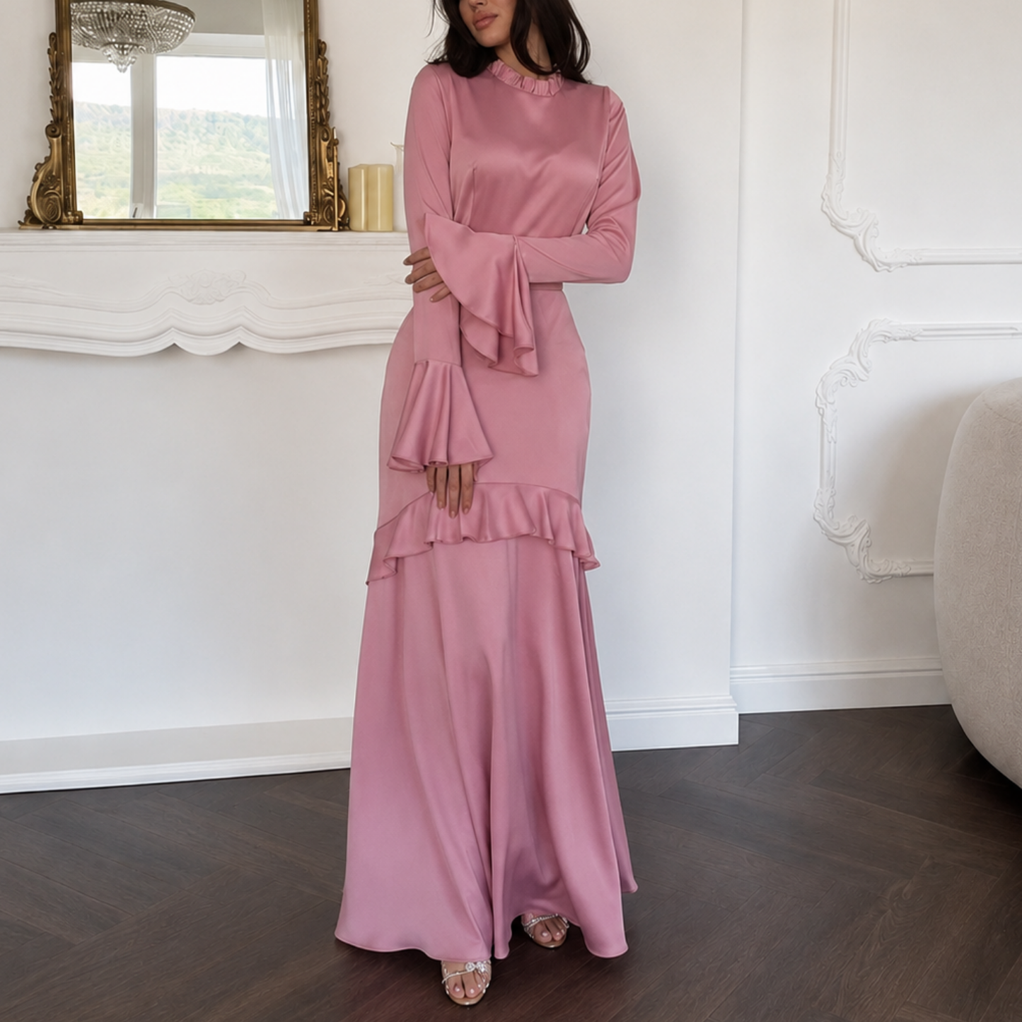 Satin Modest Frill High Neck Flare Sleeves Slim Maxi Dress