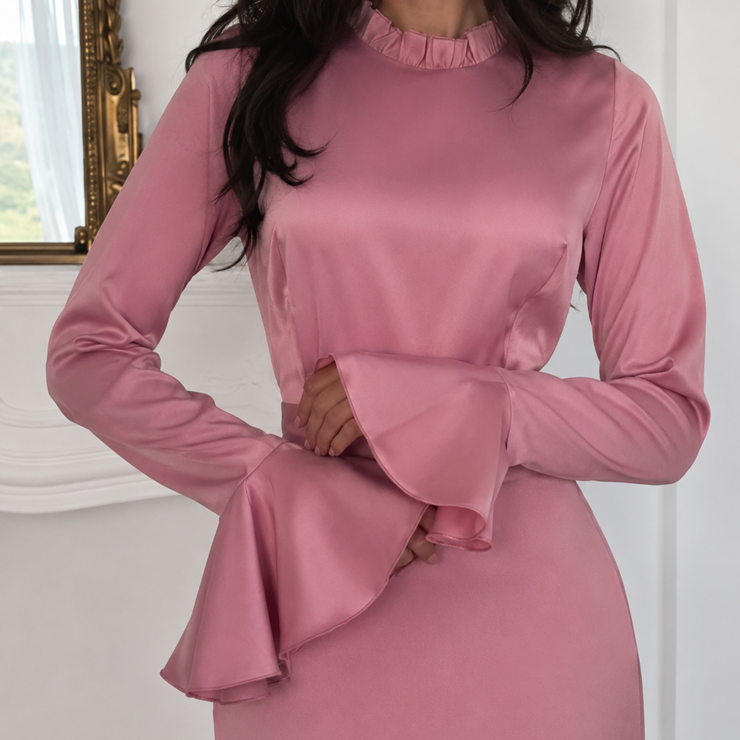 Satin Modest Frill High Neck Flare Sleeves Slim Maxi Dress, Close Up