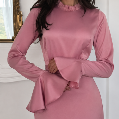 Satin Modest Frill High Neck Flare Sleeves Slim Maxi Dress, Close Up