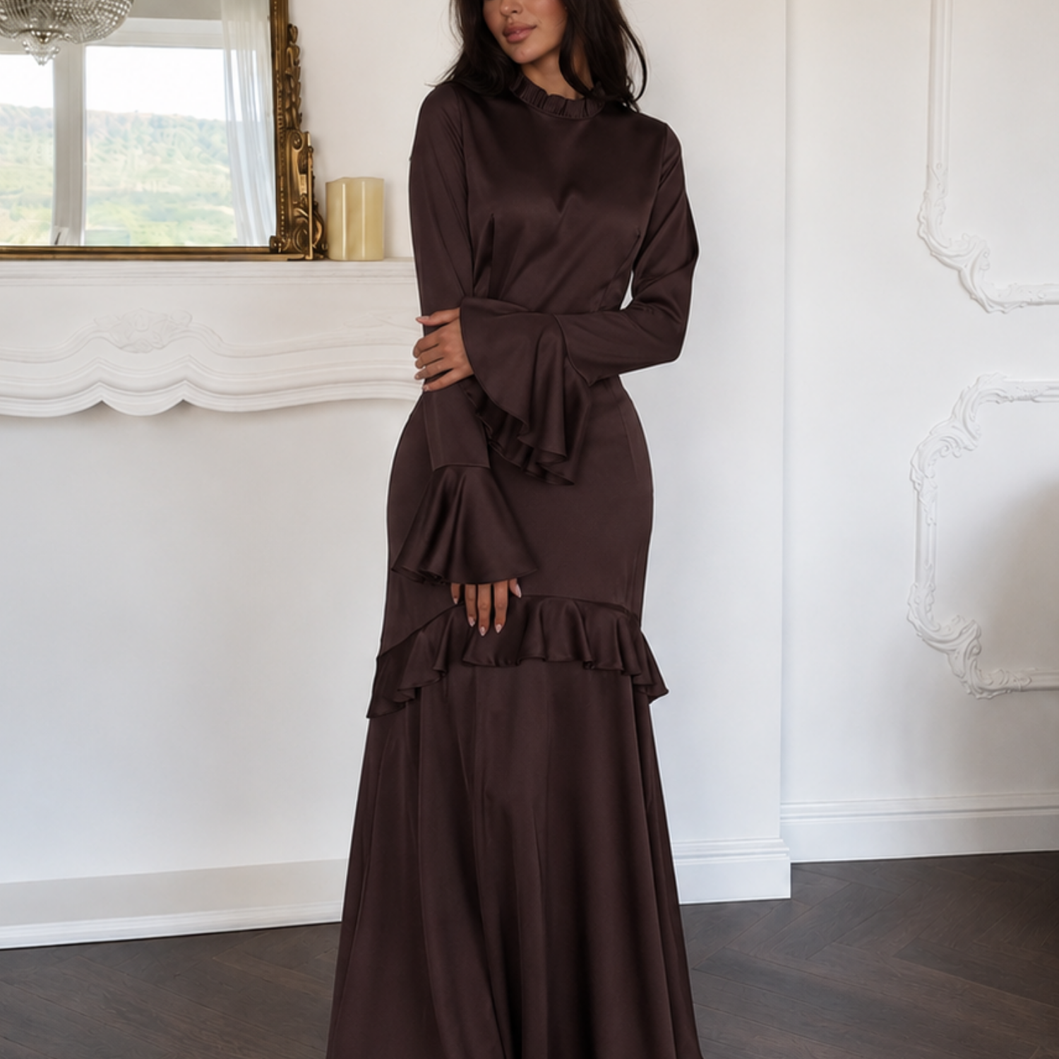Brown Satin Modest Frill High Neck Flare Sleeves Slim Maxi Dress