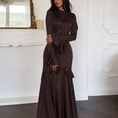 Brown Satin Modest Frill High Neck Flare Sleeves Slim Maxi Dress