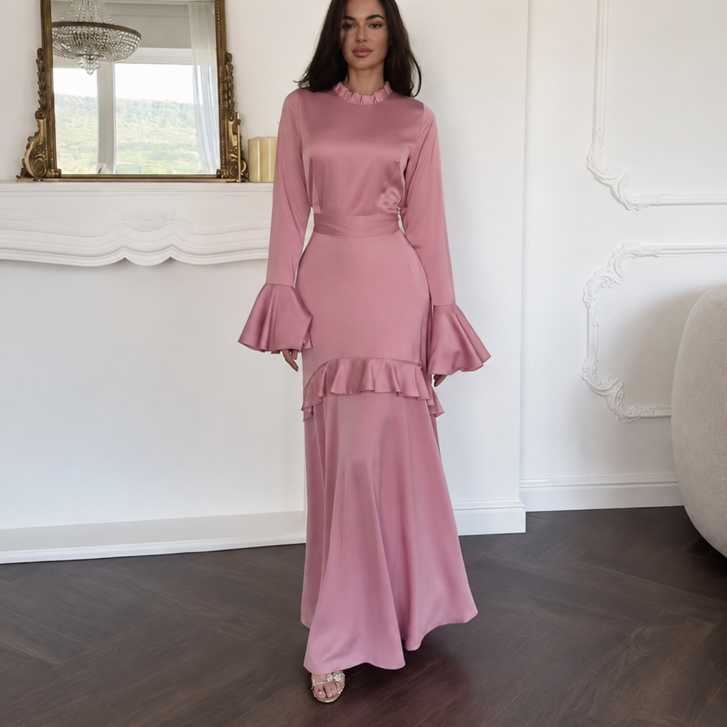 Satin Modest Frill High Neck Flare Sleeves Slim Maxi Dress