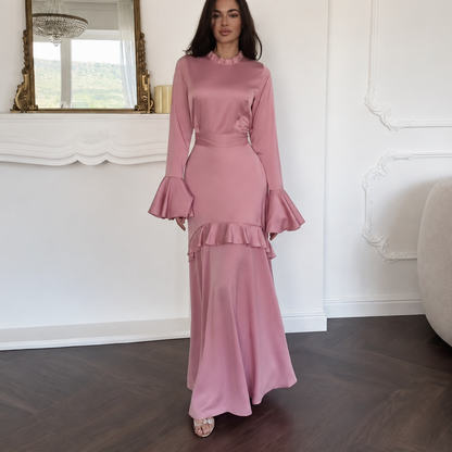 Satin Modest Frill High Neck Flare Sleeves Slim Maxi Dress