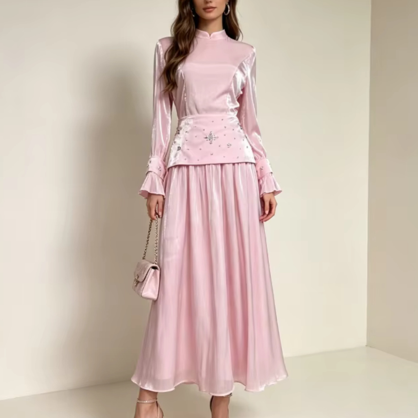 Pink Shiny Chiffon High Neck Rhinestones Flare Sleeves A-Line Dress