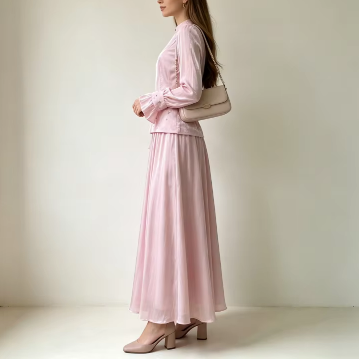 Pink Shiny Chiffon High Neck Rhinestones Flare Sleeves A-Line Dress, Side