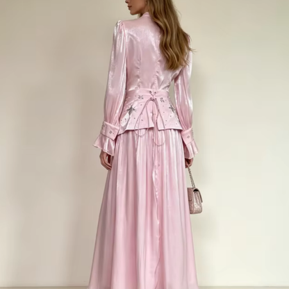 Pink Shiny Chiffon High Neck Rhinestones Flare Sleeves A-Line Dress, Back