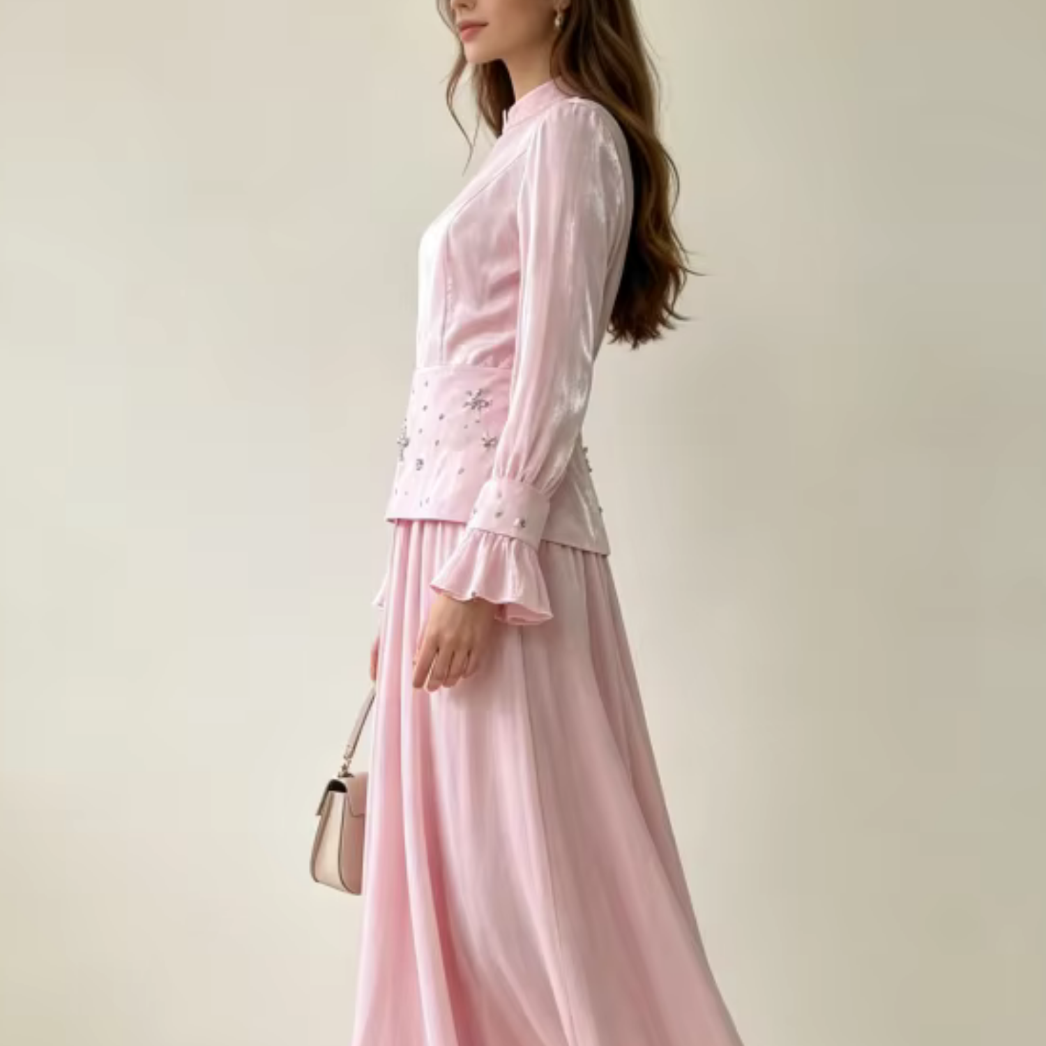 Pink Shiny Chiffon High Neck Rhinestones Flare Sleeves A-Line Dress, Left