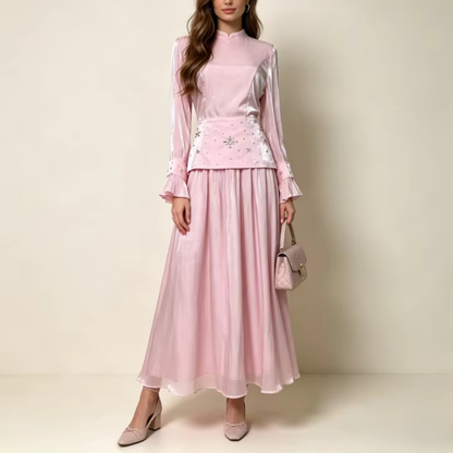 Pink Shiny Chiffon High Neck Rhinestones Flare Sleeves A-Line Dress