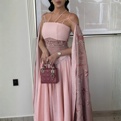 Pink Floral Strap Drape Sleeves Tea Length Dress, Left