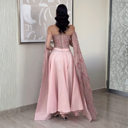 Pink Floral Strap Drape Sleeves Tea Length Dress, Back