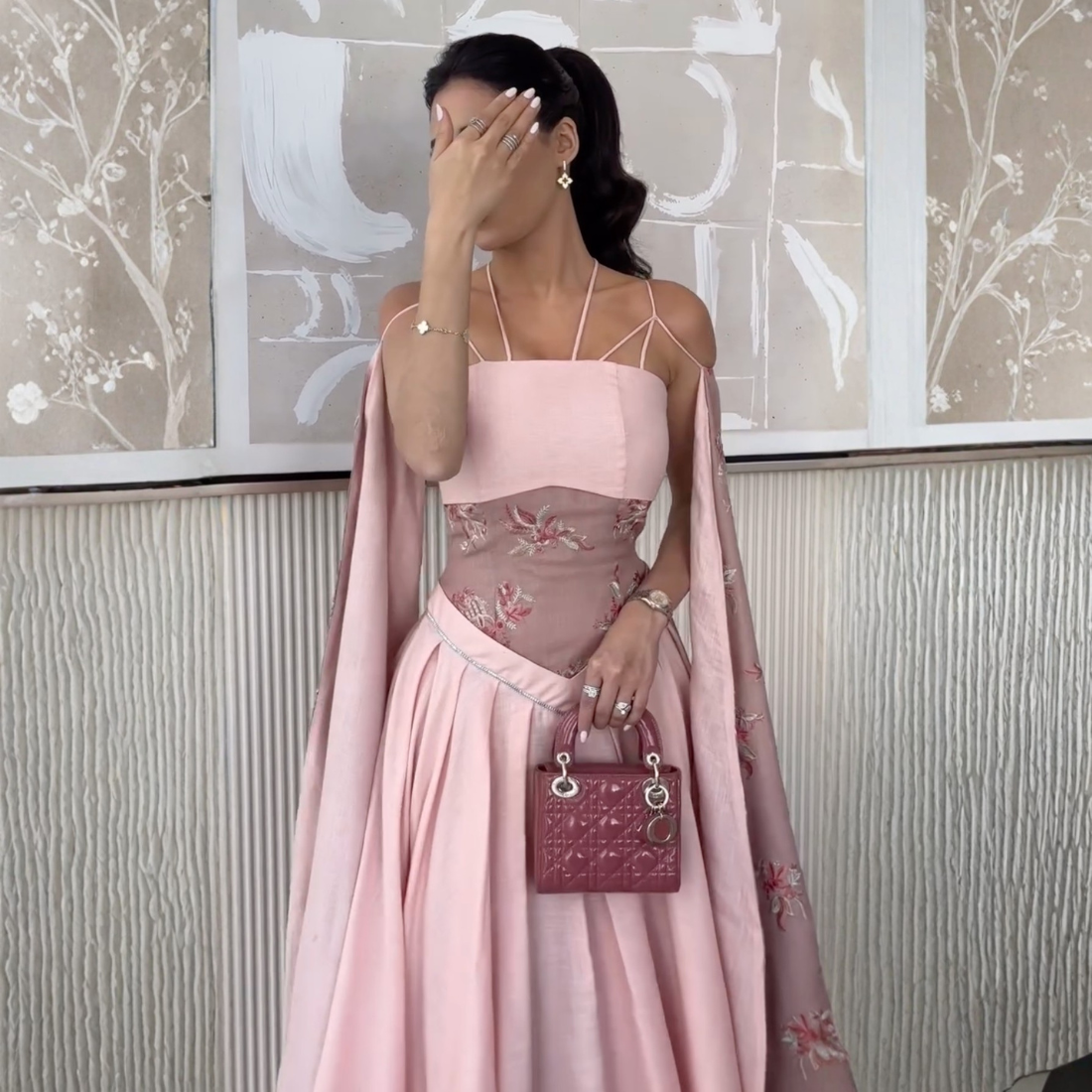 Pink Floral Strap Drape Sleeves Tea Length Dress, Close Up