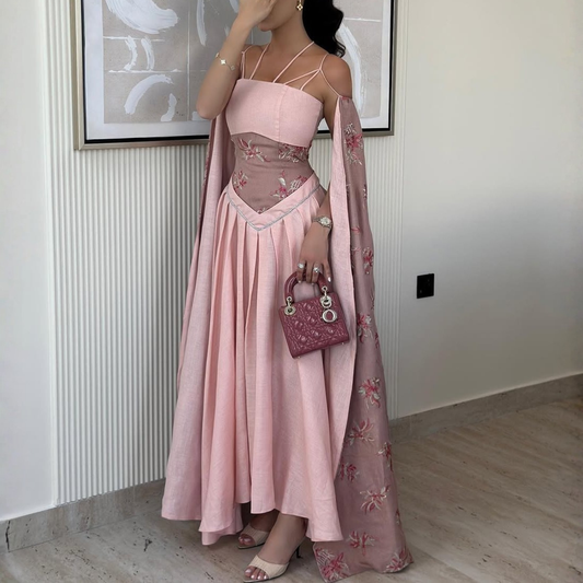 Pink Floral Strap Drape Sleeves Tea Length Dress, Front