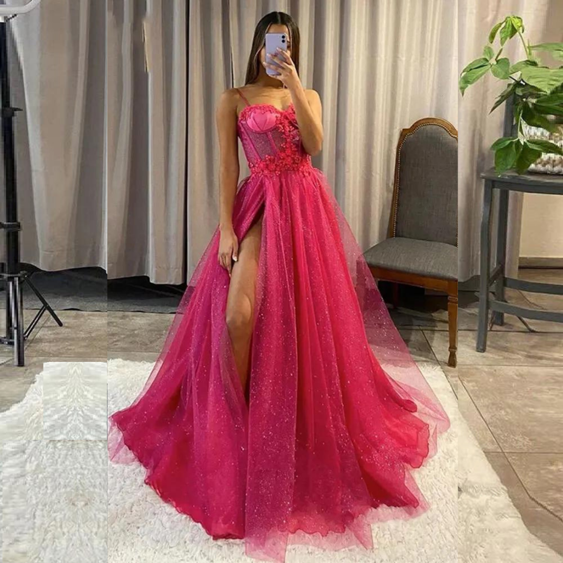 Pink Glitter Tulle Princess Prom Dress
