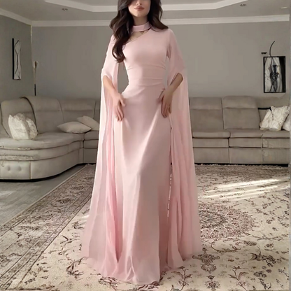 Pink Halter Neck Drape Sleeves Chiffon Long Dress, Front