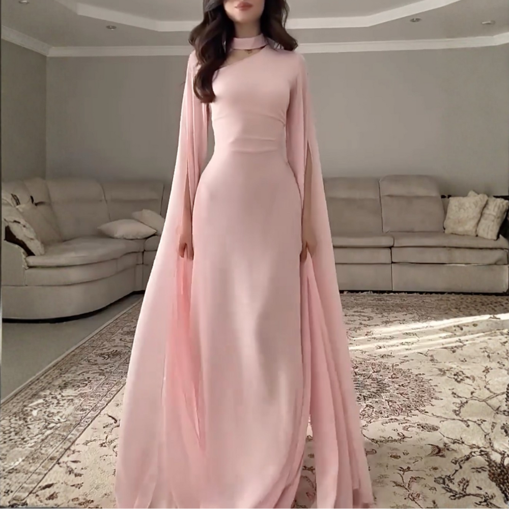Pink Halter Neck Drape Sleeves Chiffon Long Dress, Front 2