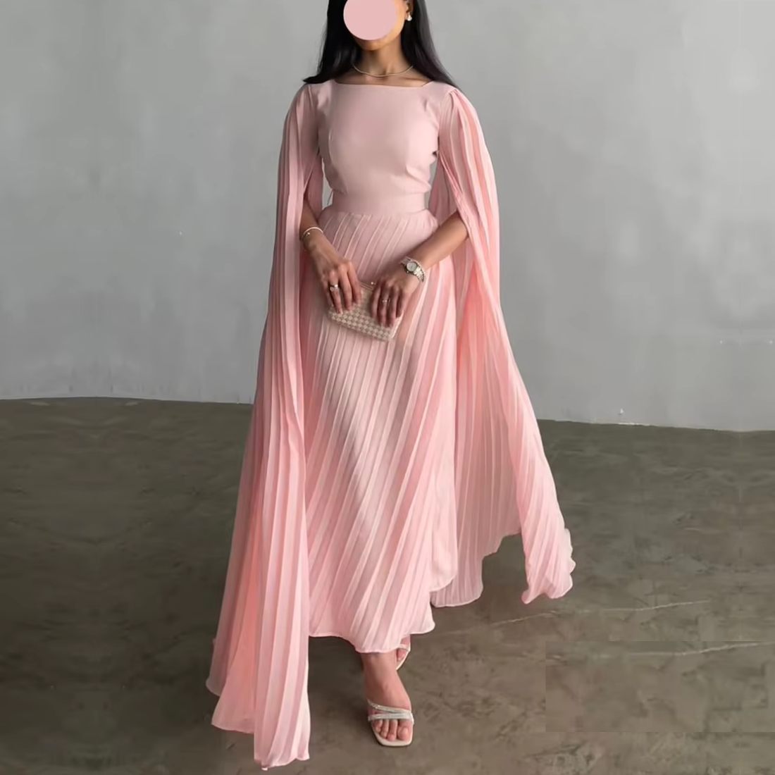 Pink Modest Drape Sleeves Pleated Chiffon Evening Dress, Front