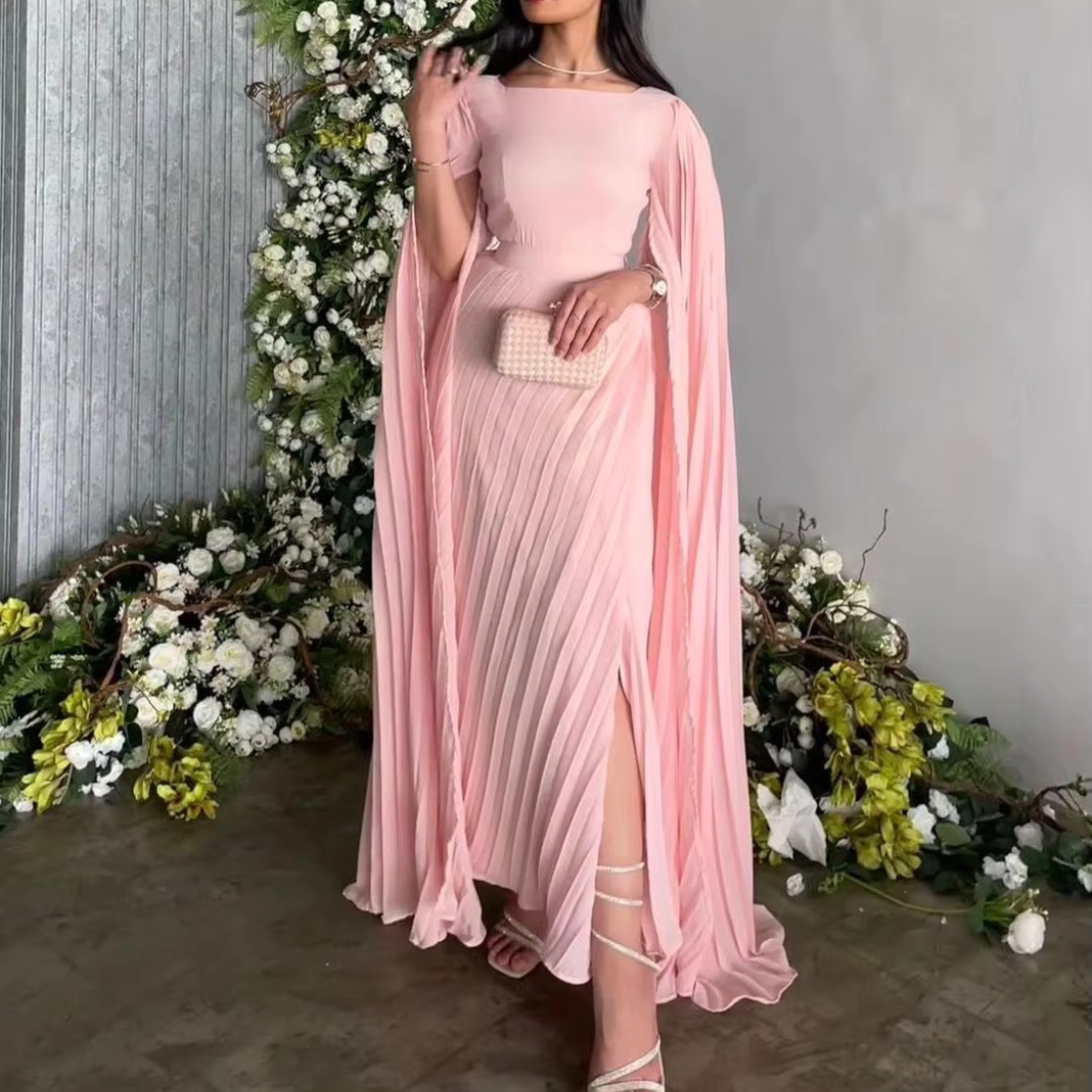 Pink Modest Drape Sleeves Pleated Chiffon Evening Dress, Front