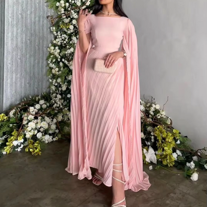 Pink Modest Drape Sleeves Pleated Chiffon Evening Dress, Front