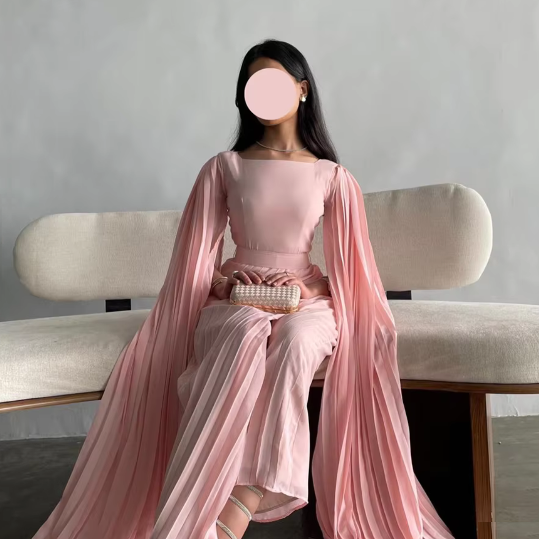 Pink Modest Drape Sleeves Pleated Chiffon Evening Dress, Close Up