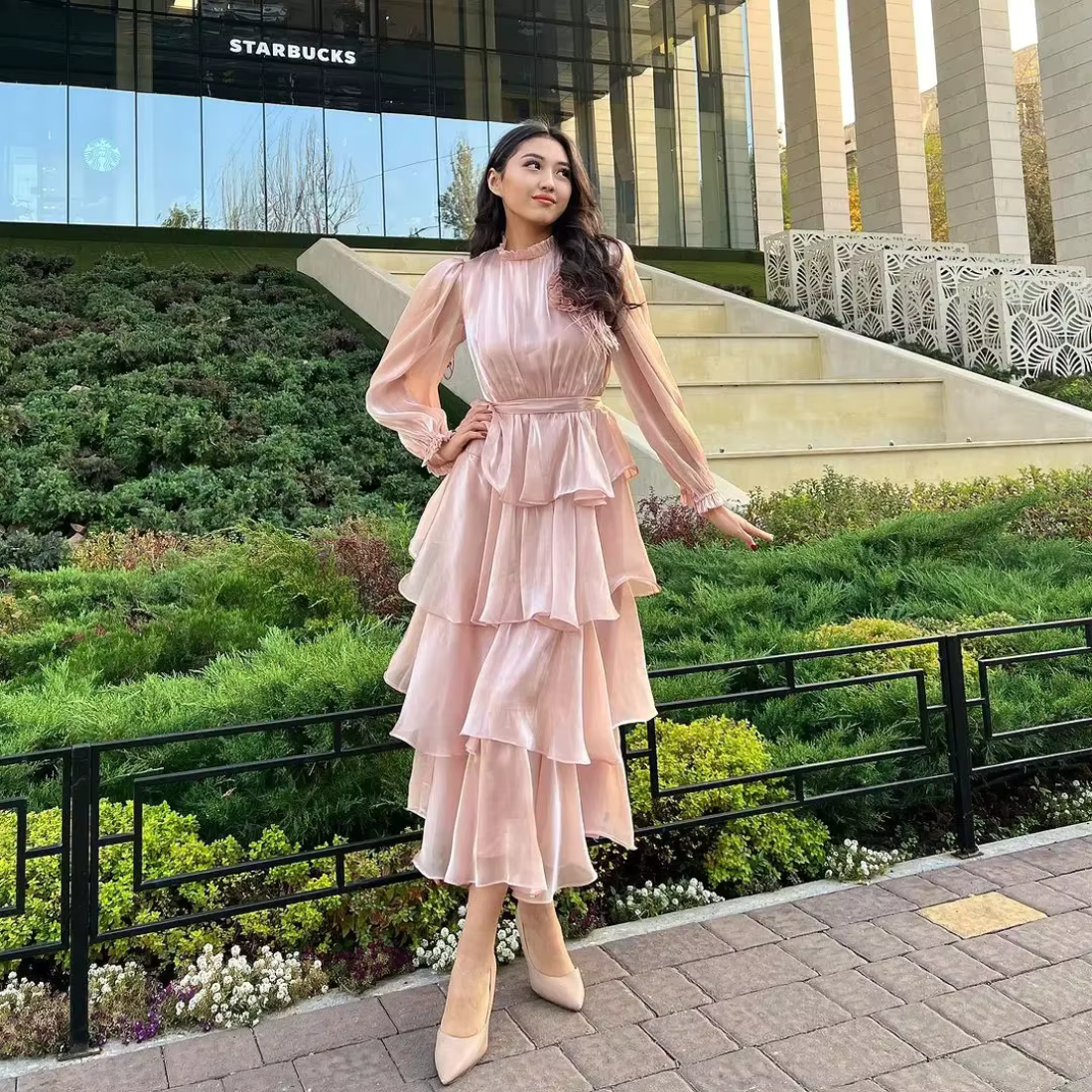 Pink Modest High Neck Ruffle Layered Party Dress Custom Pink Modest High Neck Ruffle Layered Party Dress Custom
