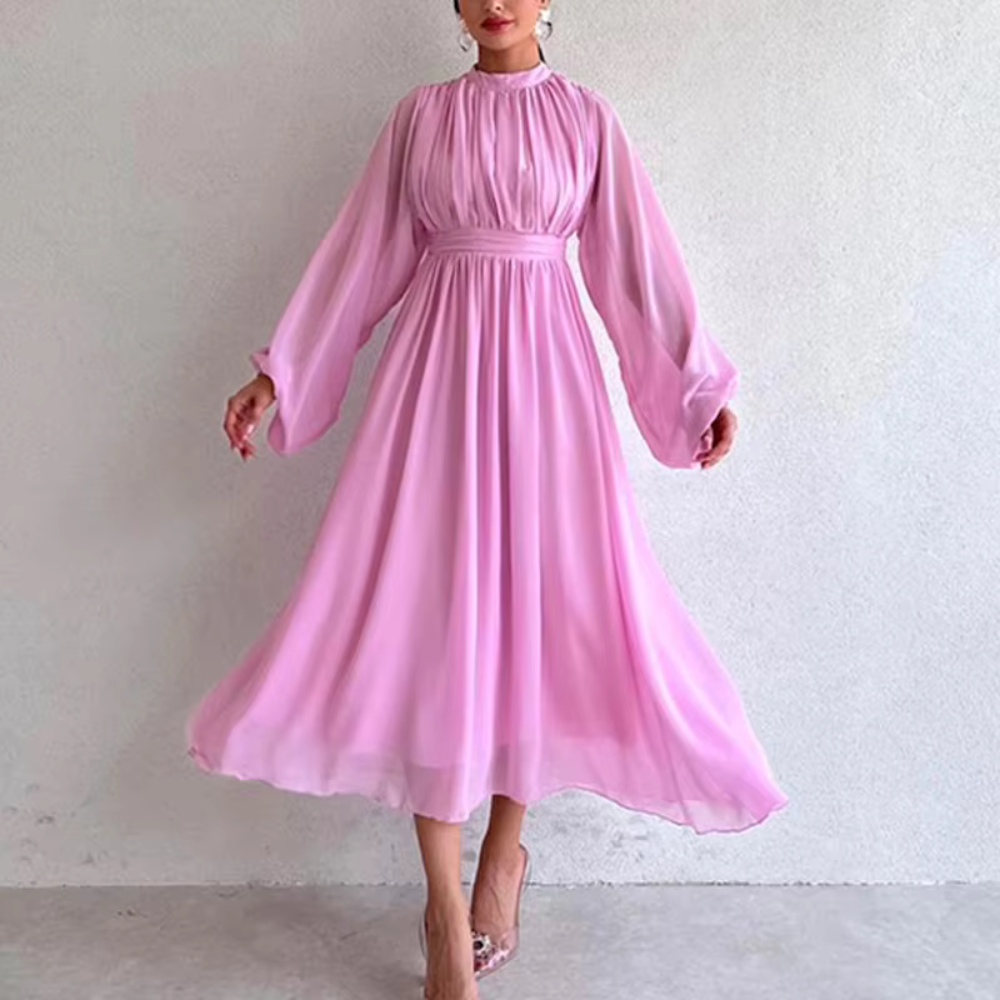 Modest Pleated Chiffon Flare Sleeves Midi Dress, Pink