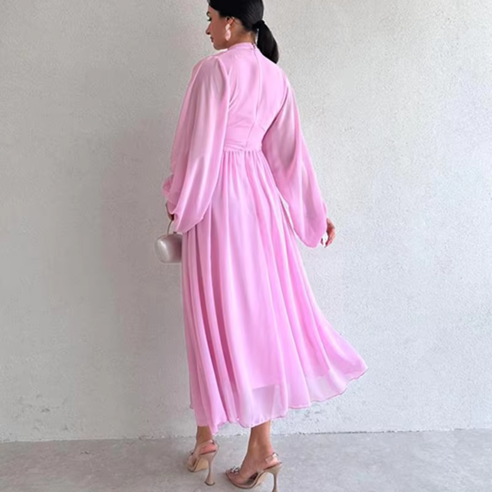 Modest Pleated Chiffon Flare Sleeves Midi Dress, Pink, Back